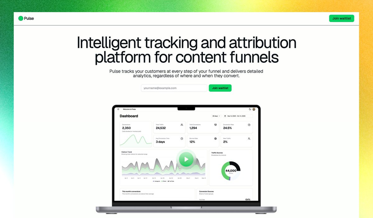 pulsetrackerapp's tweet photo. Ever wondered which of your videos on YouTube are actually driving sales? Booking calls? Converting?

Pulse gives you visibility. With integrations across Calendly, Cal, Typeform and many more, know exactly how your content funnel is performing. https://t.co/reP8ffBFCC
