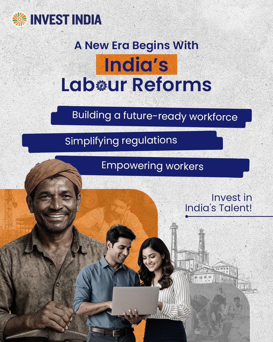 investindia's tweet image. India is modernising labour regulations, enhancing worker welfare, enabling flexibility and strengthening industry resilience. These reforms empower people and boost #EoDB, creating a stronger &amp;amp; #AatmanirbharBharat.

Connect with #InvestIndia: tinyurl.com/II-Contact-Us