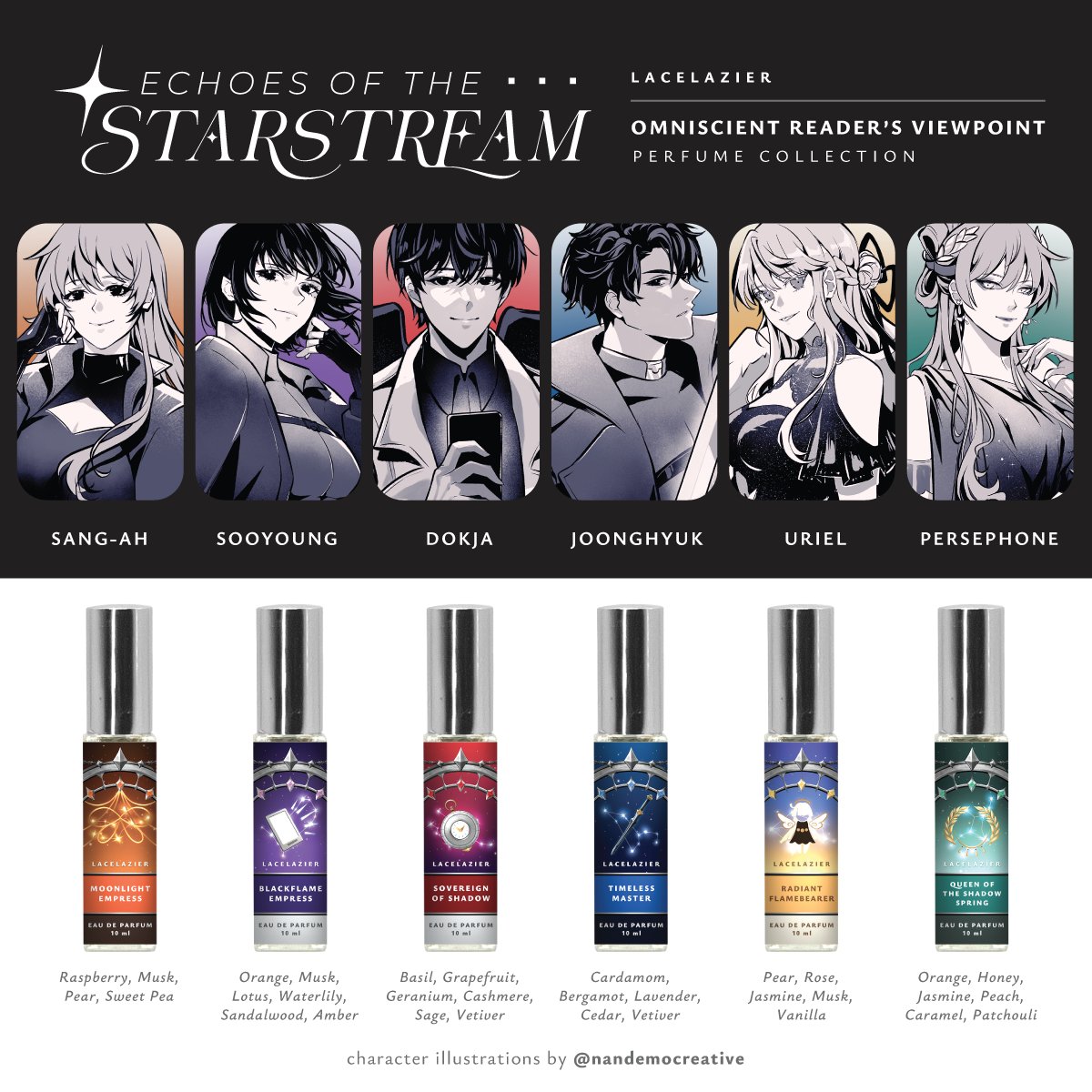 RT💙
Proudly unveiling 💫"Echoes of the Starstream", a perfume collection inspired by Omniscient Reader's Viewpoint! 

Offering 6 fragrances to choose from featuring beloved characters from the series! Created in collaboration with <a href="/nandemocreative/">cesca ✨ ORV cards shipping</a> &amp; <a href="/RinnePai/">Rinne | Ko-fi comms Open!</a>

Pre-orders open!⏬