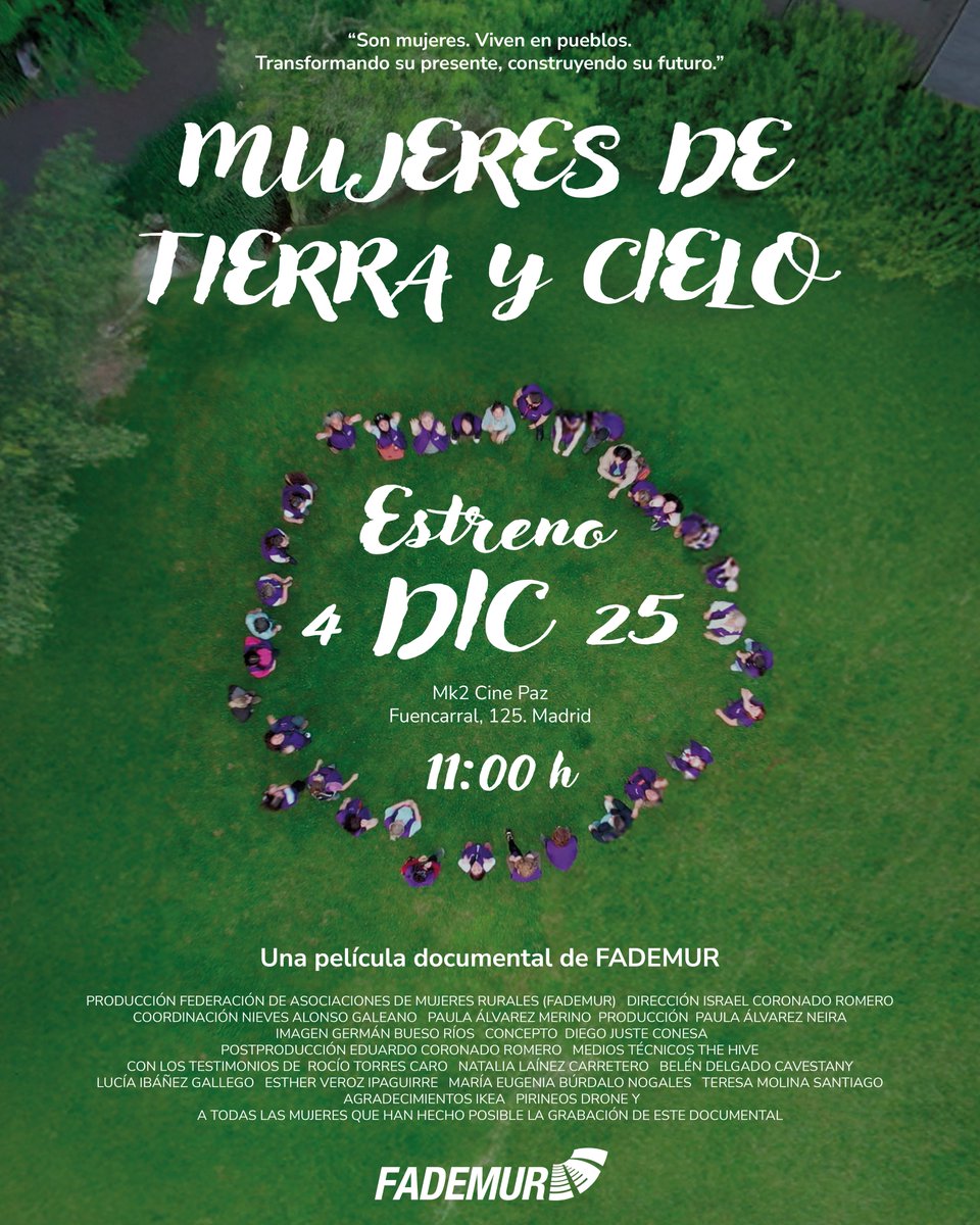 fademur's tweet photo. 🎥 Tras tres años de trabajo, estamos muy emocionadas de presentar "Mujeres de Tierra y Cielo", un documental que recoge las voces y la fuerza de las emprendedoras rurales que han formado parte del programa #PlanAllenRural y cómo este ha ayudado a transformar sus emprendimientos.

Gracias a @ikeaspain, @thehiveway y a todas las mujeres que han hecho posible este viaje 🛩️

Os esperamos para celebrarlo juntas 💜