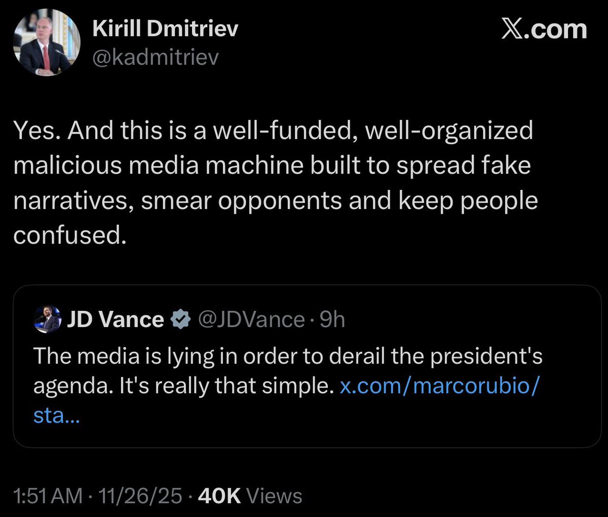 RonFilipkowski's tweet image. There is never any daylight between the positions of Russia and JD Vance.