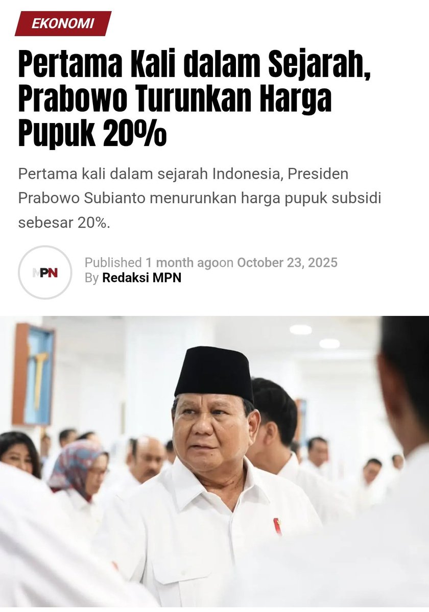 ch_chotimah2's tweet image. Sederhana tapi 10 tahun Jokowi ga mampu melakukannya.

Kebijakan Presiden Prabowo Selaraskan Harga Pupuk dan Harga Gabah bikin Cuan Petani Melonjak.
astakom.com/2025/11/26/keb…

Kebijakannya                 Dampaknya.