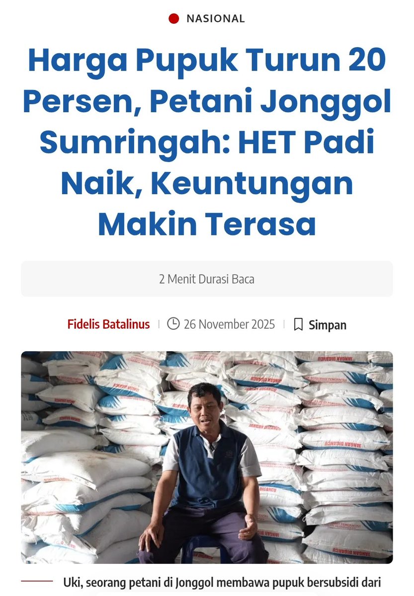 ch_chotimah2's tweet image. Sederhana tapi 10 tahun Jokowi ga mampu melakukannya.

Kebijakan Presiden Prabowo Selaraskan Harga Pupuk dan Harga Gabah bikin Cuan Petani Melonjak.
astakom.com/2025/11/26/keb…

Kebijakannya                 Dampaknya.