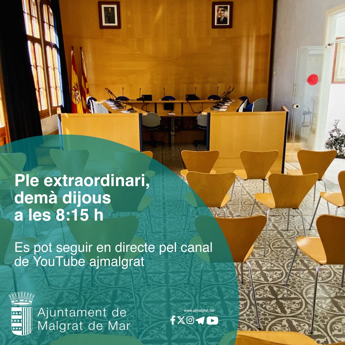 ▶️ Ple extraordinari, demà dijous a les 8:15 h

✅Es podrà seguir en directe pel canal de YouTube de l'Ajuntament de Malgrat de Mar, ajmalgrat

➕Info👇
ja.cat/aIXAY

#malgratdemar #plemalgrat