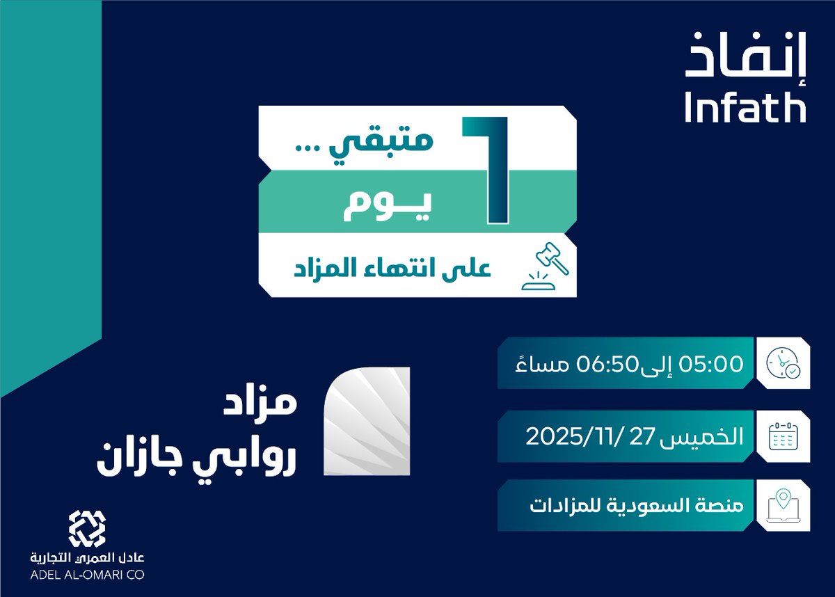 تبقى يوم واحد على نهاية المزاد  
عبر منصة السعودية للمزادات: auctions.com.sa/auction_live/2…

<a href="/infath_sa/">مركز الإسناد والتصفية - إنفاذ</a> 
<a href="/infathAuctions/">مزادات إنفاذ</a>