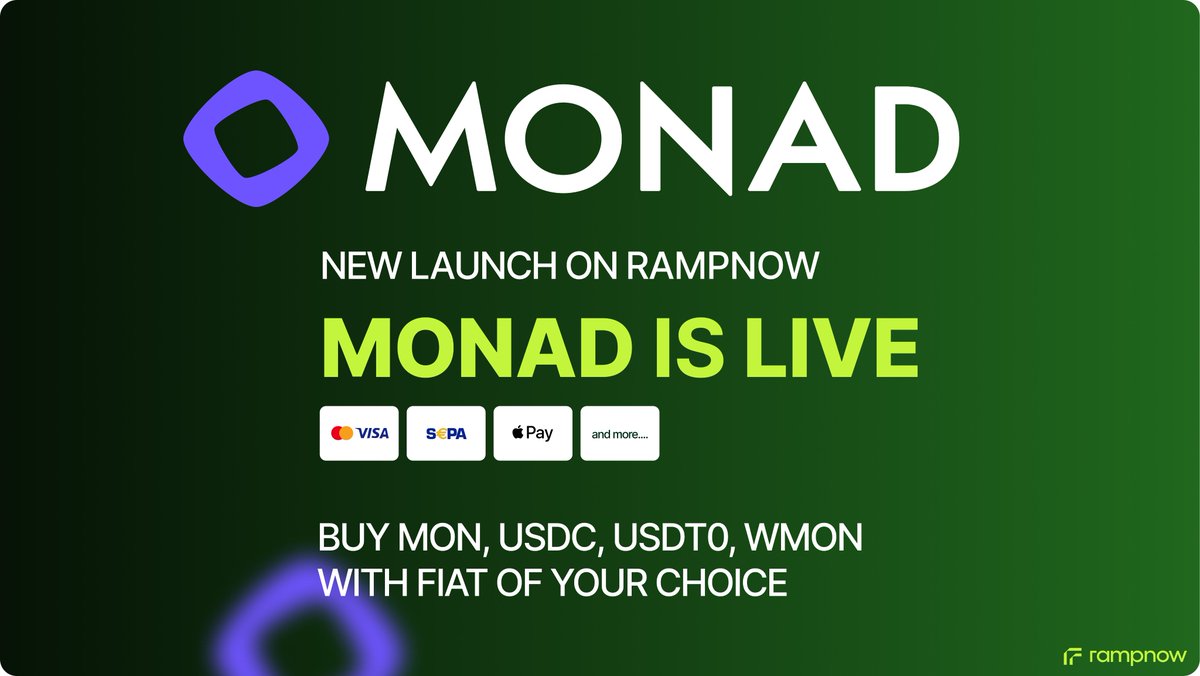 OfficialRampnow's tweet photo. Rampnow is now live on #Monad .

Buy #MON, #USDC, #USDT & #WMON instantly with local payments (SEPA, SEPA Instant, Cards, Apple Pay).
Fast settlement, delivered directly to your wallet.

Try it → https://t.co/2Ag8CeLytg

Looping in the ecosystem:
@monad_xyz @monad @monad__uk  @MonadEcosystem 

#Monad #MON #Rampnow #Onramp #Web3 #offramps