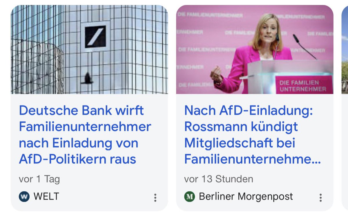 sarfeld's tweet photo. Und nach #Oetker legt auch @BMWGroup Wert darauf, dass #BMW nicht Mitglied im Verband „Die #Familienunternehmer“ ist. 
Und die @DeutscheBank wirft die @FamUnt sogar hochkant raus. 
#Unternehmer mit #Werten und #Haltung arbeiten nicht mit den Rechtsextremisten der #AfD zusammen. 
@Oetker_Gruppe #Rossmann #Thalia