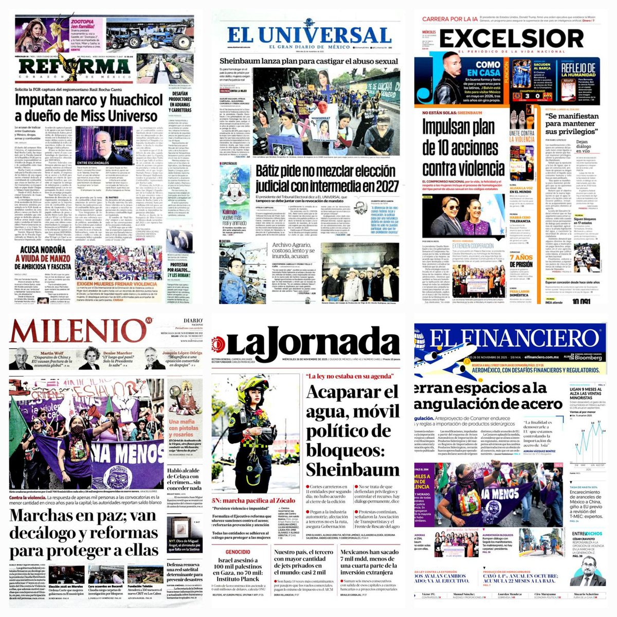 daniellemx_'s tweet image. Prensa en México ... #Reforma #ElUniversal #Excélsior #Milenio  #LaJornada #ElFinanciero #26noviembre2025