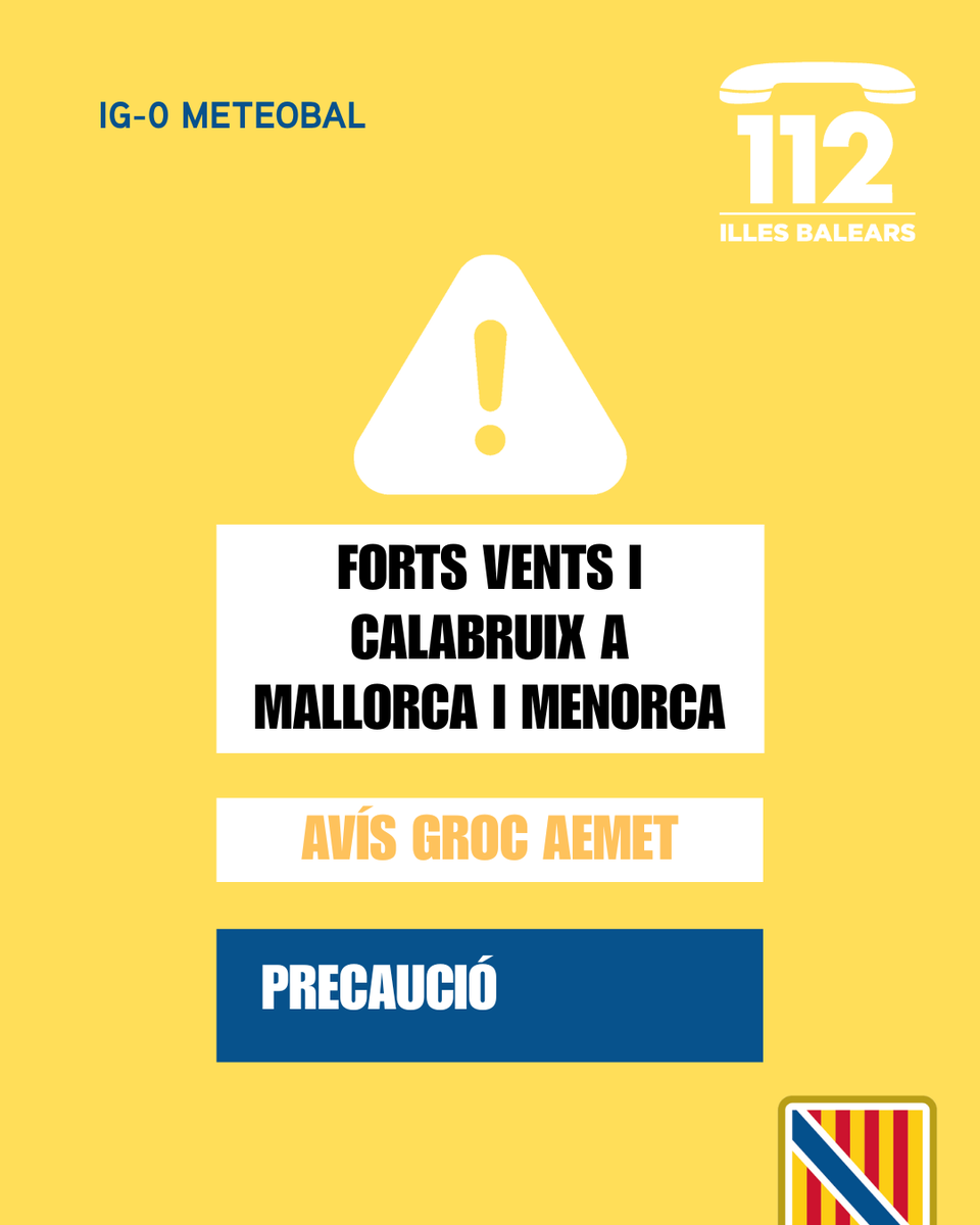 Emergencies_112's tweet photo. ⚠️ Actualització de les alertes del Pla #Meteobal per meteorologia adversa:
🟠 Activada l'alerta taronja (IG-1) per fenòmens costaners 🌊a Mallorca i Menorca.
🟡 Activada l'alerta groga (IG-0) per fenòmens costaners 🌊 a Eivissa i Formentera.
🟡 Activada l’alerta groga (IG-0) per forts vents 🌬️a Mallorca i Menorca.
🟡 Activada l’alerta groga (IG-0) per calabruix 🌨️a Mallorca i Menorca.
🟡 Activada l'alerta groga (IG-0) per pluges i tempestes ⛈️ a Mallorca.
💭 Podeu seguir els avisos per hores al canal oficial d'@AEMET_Baleares
➡️https://t.co/7MF314gdu9