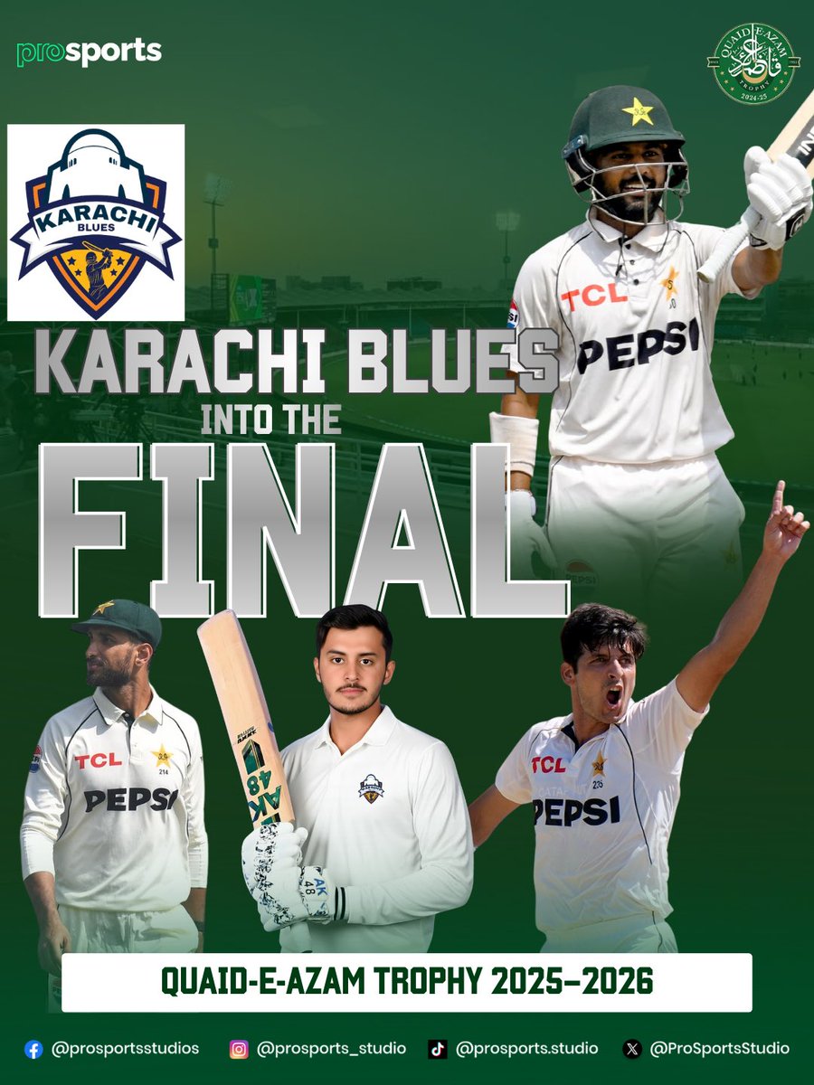 ProSportsStudio's tweet image. From playing Grade II this season to qualifying for the final of Quaid-e-Azam Trophy 2025-2026, Karachi Blues has been extremely impressive under the captaincy of Saud Shakeel! 🏏

#saudshakeel #pakistancricket #quaideazamtrophy #karachiblues