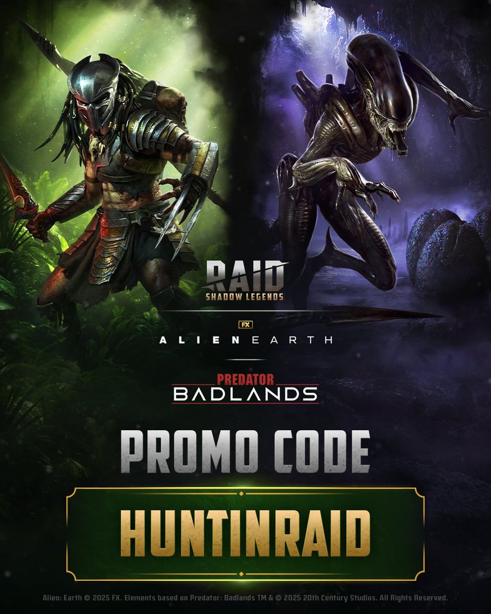 RaidRPG's tweet image. Celebrate the ongoing Alien &amp;amp; Predator Event with a new promo code! Grab it from this post and enter it in RAID between Nov 26 and Dec 4 to receive your in-game goodies:

HUNTINRAID

#RAID #RAIDShadowLegends #RAIDxAlienAndPredator