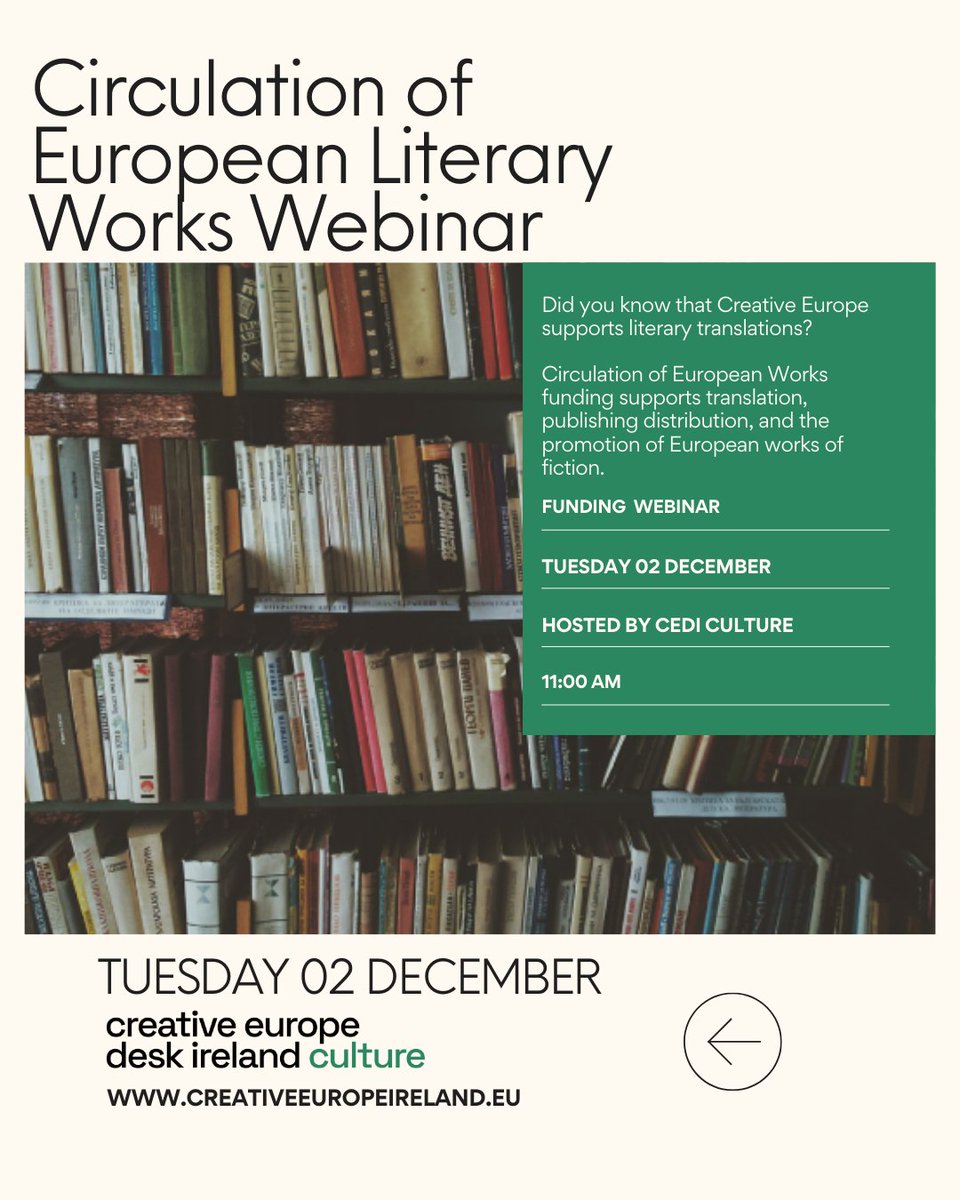 CEDCultureIE's tweet photo. Join us for a webinar on Creative Europe's Circulation of European Literary Works call on 02 December at 11am.

Supports projects that translate, publish, distribute, and promote European works of fiction.

Register: https://t.co/I5YUt2miS2 https://t.co/zgdbp6n38T