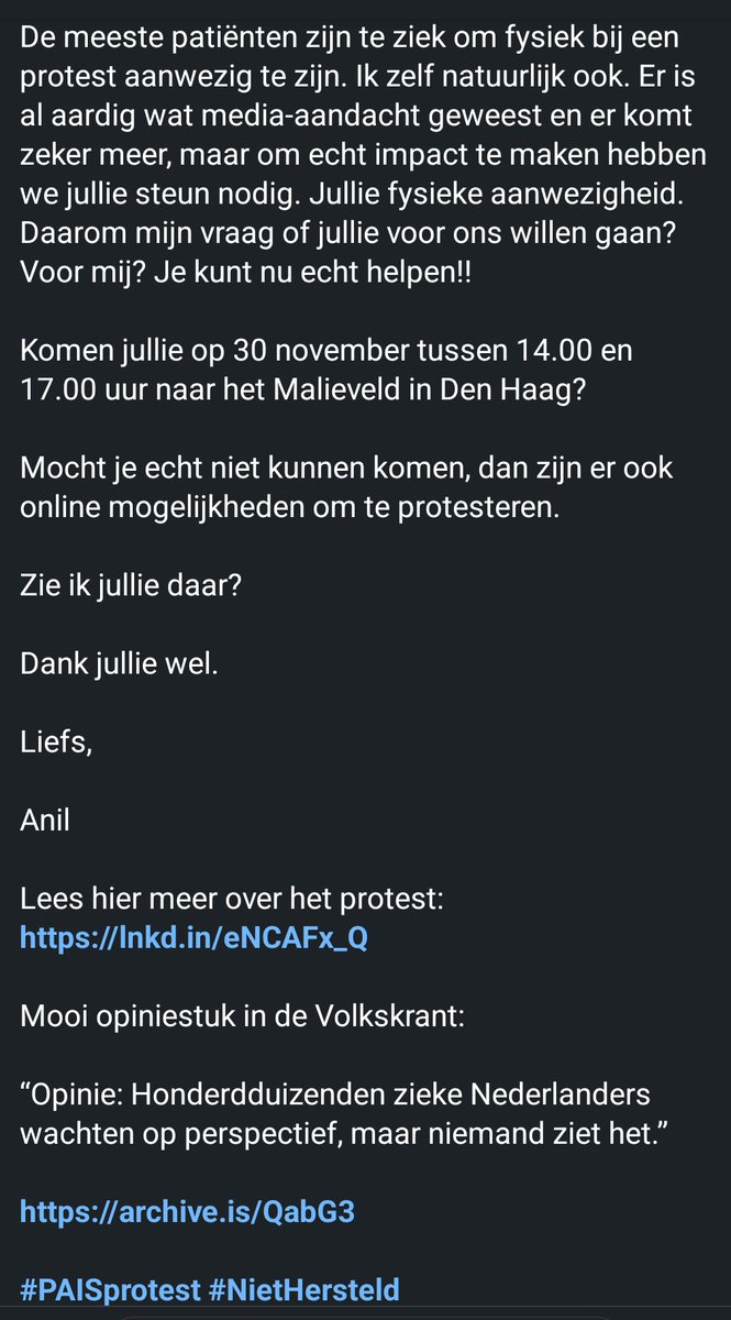 AnilvanderZee's tweet image. “Anil, ik zou zo graag willen dat ik iets voor je kon doen!!”

Dit is iets wat ik vaak hoor van veel lieve vrienden.

Die mogelijkheid is er nu. Over 4 dagen. Het 1e PAIS-protest! 

Lees hier meer over het protest: hetpaisprotest.nl

#PAISprotest #niethersteld @NietHersteld