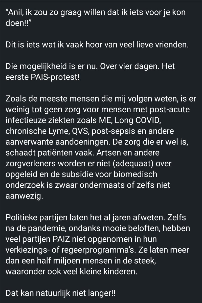 AnilvanderZee's tweet image. “Anil, ik zou zo graag willen dat ik iets voor je kon doen!!”

Dit is iets wat ik vaak hoor van veel lieve vrienden.

Die mogelijkheid is er nu. Over 4 dagen. Het 1e PAIS-protest! 

Lees hier meer over het protest: hetpaisprotest.nl

#PAISprotest #niethersteld @NietHersteld