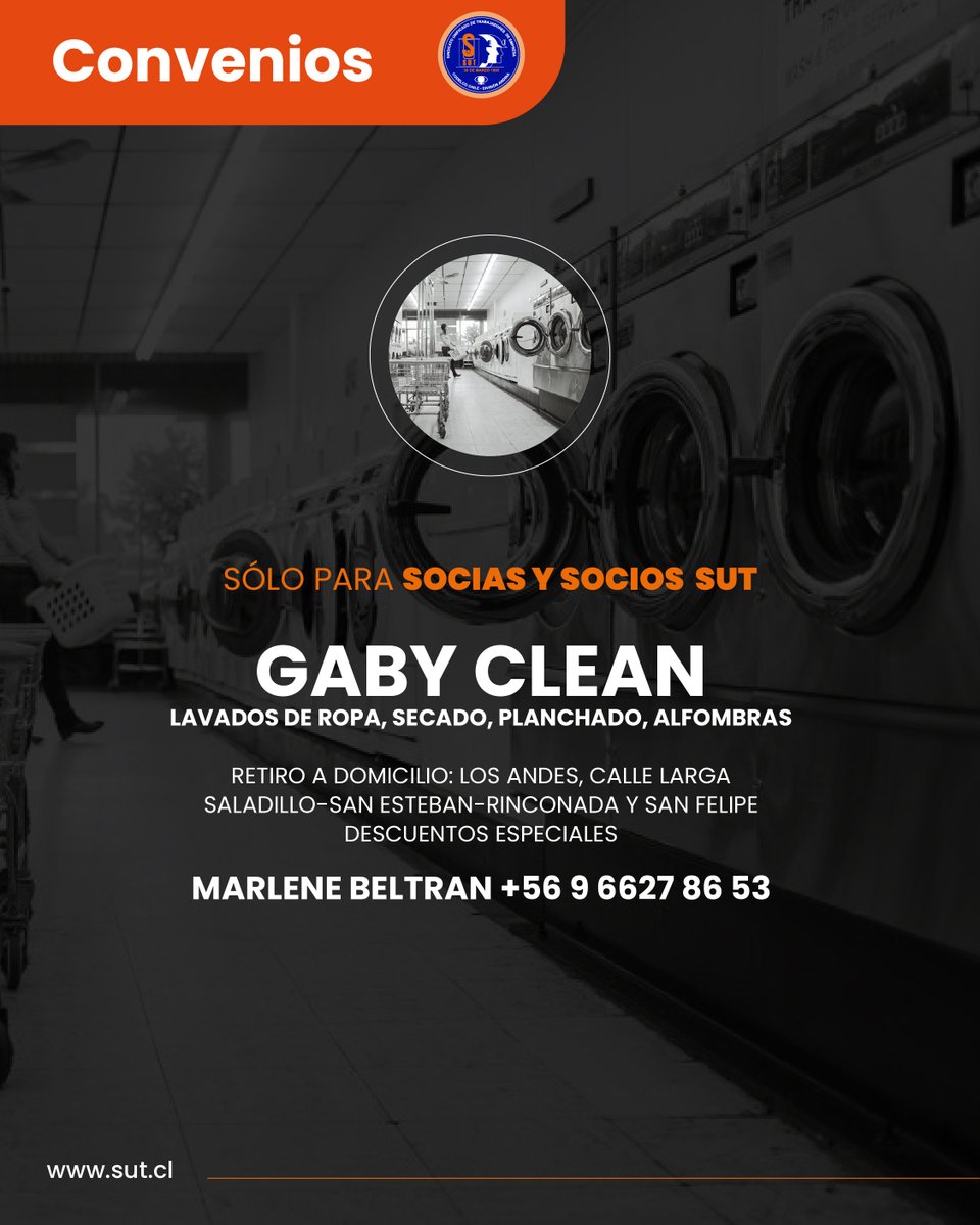 📢 Convenios exclusivos socios y socias SUT
.
GABY CLEAN lavados de ropa, secado, planchado, alfombras
.
Retiro a domicilio:
Los Andes, Calle Larga-Saladillo-San Esteban-Rinconada y San Felipe
descuentos especiales.
.
Marlene Beltran +56 9 6627 86 53
