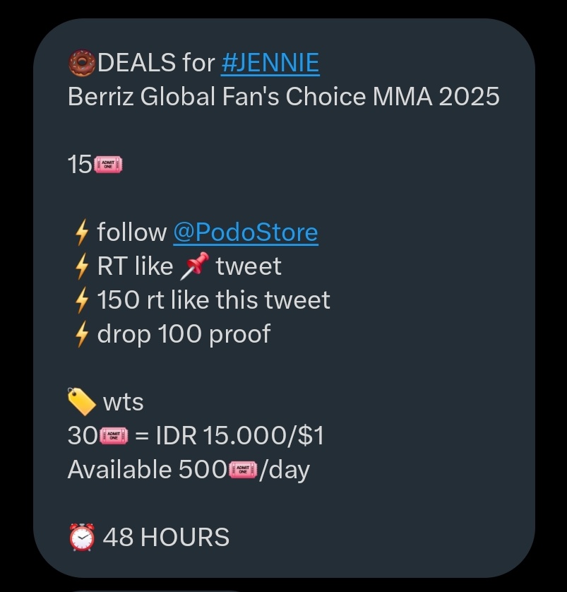 JennieFundsID's tweet image. RT DEAL FOR #JENNIE 
BERRIZ - GLOBAL FANS&apos; CHOICE MMA 2025

🏅 15 votes

Rules:
🎀 Follow @Podostore 
🎀 RT &amp;amp; Like @Podostore pinned tweet
🎀 150 RT &amp;amp; Like this tweet
🎀 Drop 100 proof

⏰️ 48 hours