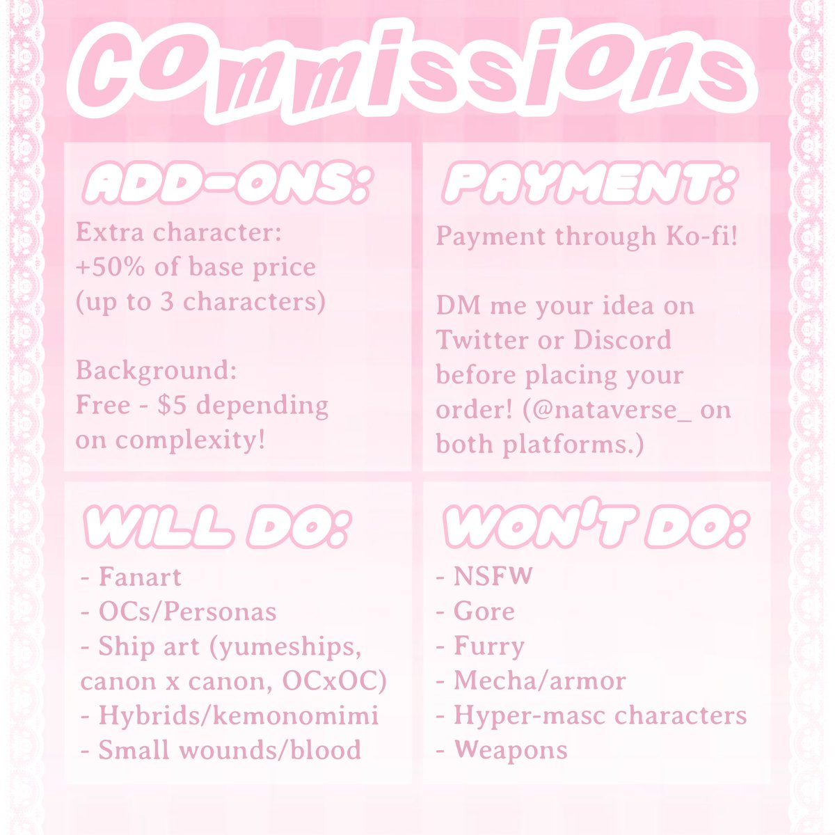 nataverse_'s tweet image. OKAY i&apos;ve never done this before but i have 5 slots open ok? Ok.
pls comm me so i can comm even more people ok? Ok. 🥰