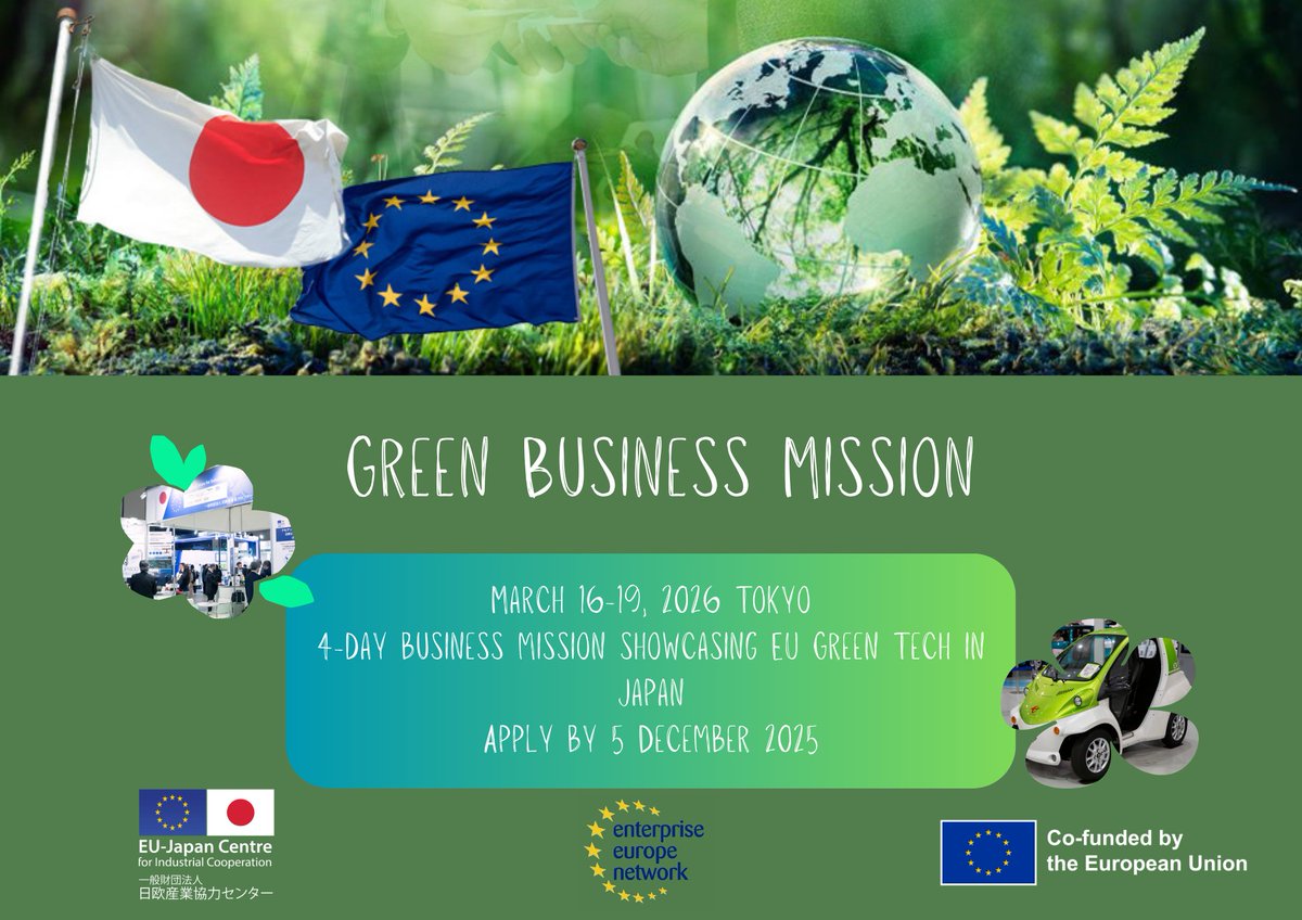 EUJapanCentre's tweet image. 🌱 Final call! 🚨

EU SMEs &amp;amp; clusters in #GreenTech &amp;amp; carbon-neutral solutions: showcase your innovations at our Green Business Mission to Japan 🇯🇵

📅 16-19 Mar 2026 | 🕔 Apply by 5 Dec❗️
🔗 eu-japan.eu/events/green-m…
#EUJapan #Decarbonisation #CleanTech #B2B #SMEs