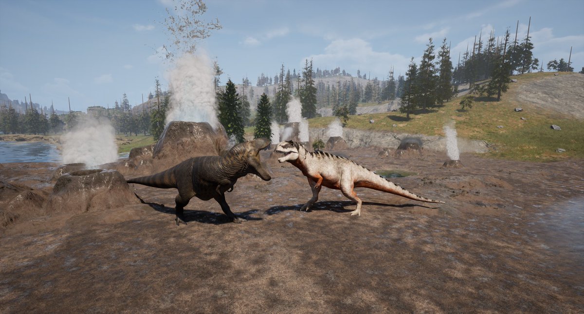 Pitted against each other, the most ferocious carnivores of the land; The T-Rex and The Giganotosaurus battle it out at the bygone valley, notably marked by the presence of geysers.
.
.
.
#dinosaur #dinosaurgames #dinosaurart #giganotosaurus  #trex #ingamescreenshot #simulation