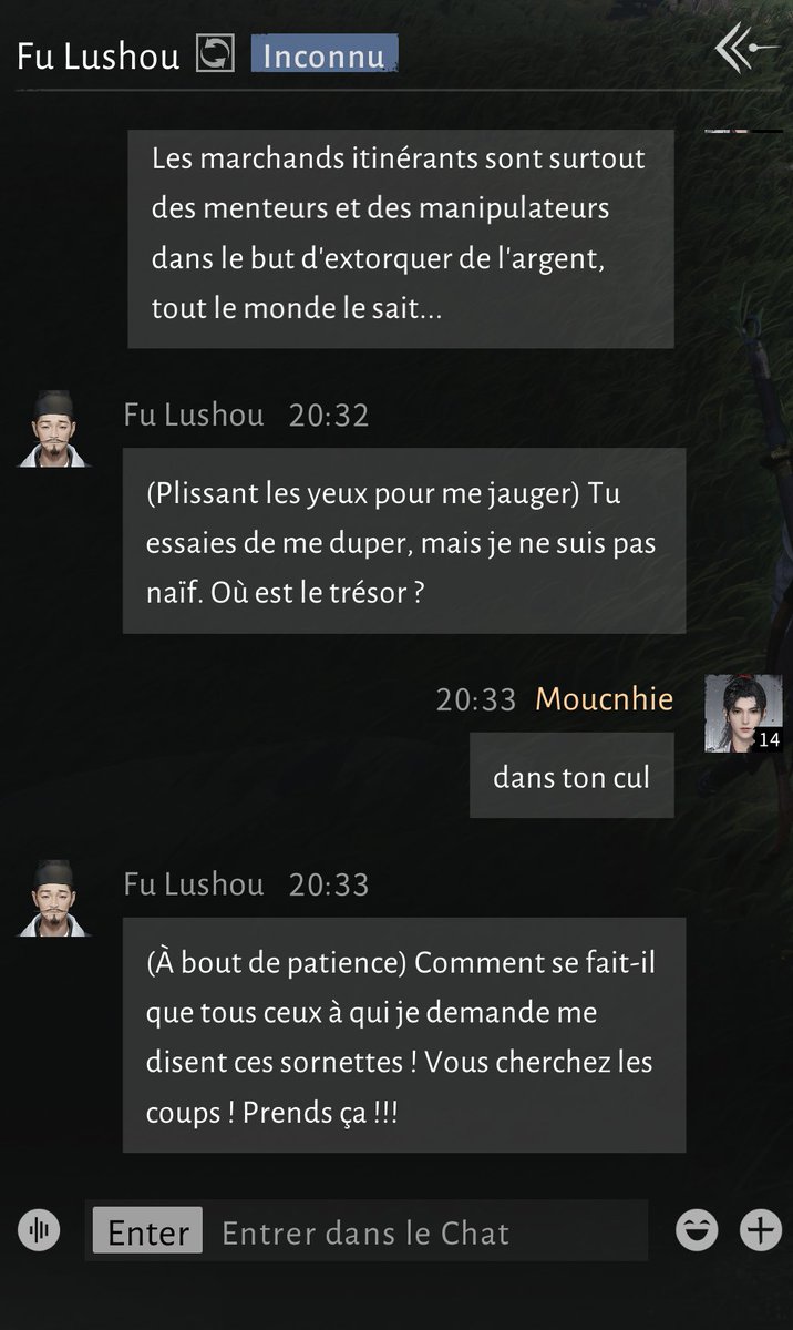 Le fait de discuter directement dans le chat avec les PNJ dans #WhereWindsMeet me tabasse de rire