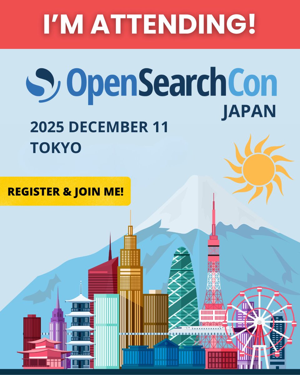 horovits's tweet image. Getting ready for our very first #OpenSearchCon in Japan 🇯🇵
Join me in Tokyo on December 11 to learn how to build freely with #OpenSearch integrated components. 🏗️ 
Explore the schedule: bit.ly/43WTL6N 
Register here: bit.ly/4nD3gz7
@OpenSearchProj