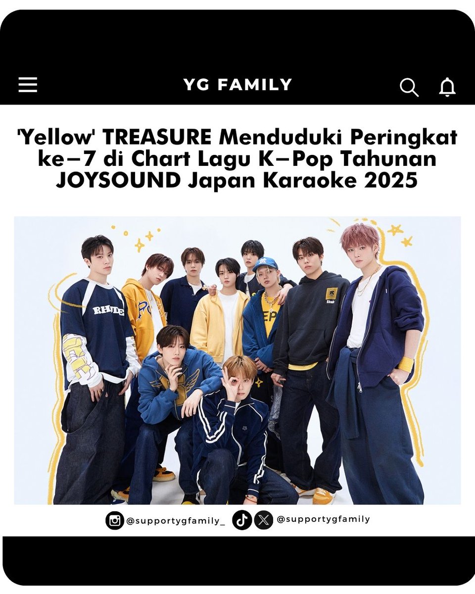 supportygfamily's tweet photo. 'Yellow' TREASURE menduduki peringkat ke-7 di chart lagu K-pop tahunan JOYSOUND Japan karaoke 2025.
Cr. 820STUDIO
🍕
#TREASURE
#yg #ygent #ygentertainment
#Supportygfamily_treasure https://t.co/mNjrHrBi8R