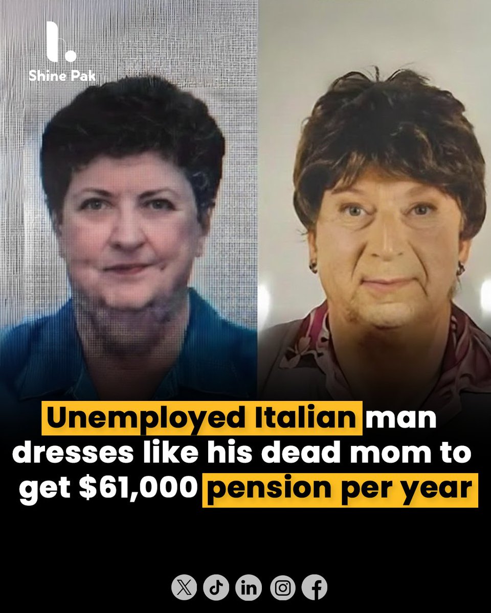 shine_pak's tweet image. An unemployed Italian man has been dressing as his deceased mother to claim her $61,000 annual pension, raising ethical concerns.

#FinancialScandal #CautionaryTale #SocietalReflections #FraudCases #UnusualNews