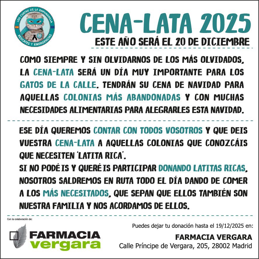 CENA-LATA 2025!!!!!

Este año será el 20 de Diciembre.
Como siempre y sin olvidarnos de los, Farmacia Vergara colaborará con nosotros
farmaciavergara.com
O también añadir algo de la Lista de Amazon que hemos creado:
amazon.es/hz/wishlist/ls…