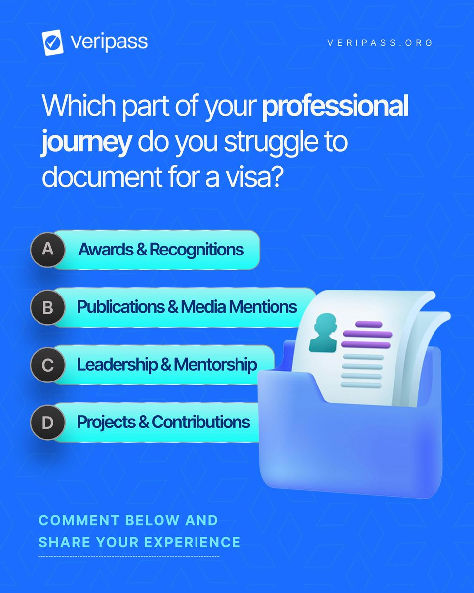 _VeriPass's tweet photo. Documenting your achievements for a visa can feel overwhelming and many people find different parts challenging.

It could be your awards, publications, leadership roles or the projects you’ve contributed to.

We want to hear from you.

Which part of your professional journey do you struggle to document the most?

Comment below and share your experience.