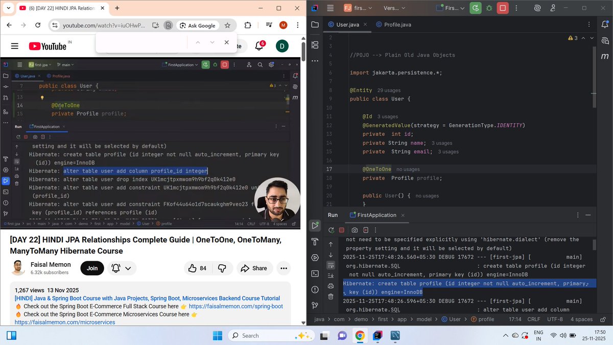 MaheswarRa18054's tweet image. ✅ Day 22 of #100DaysOfJavaBackend with @iamfaism completed!
Covered DB relationships, OneToOne, OneToMany, ManyToMany, @JoinColumn, cascade types, fetch types &amp;amp; mappedBy.
ORM mapping now feels much easier! 🔥
#100DaysOfJavaBackend #Hibernate #JPA #BackendDevelopment