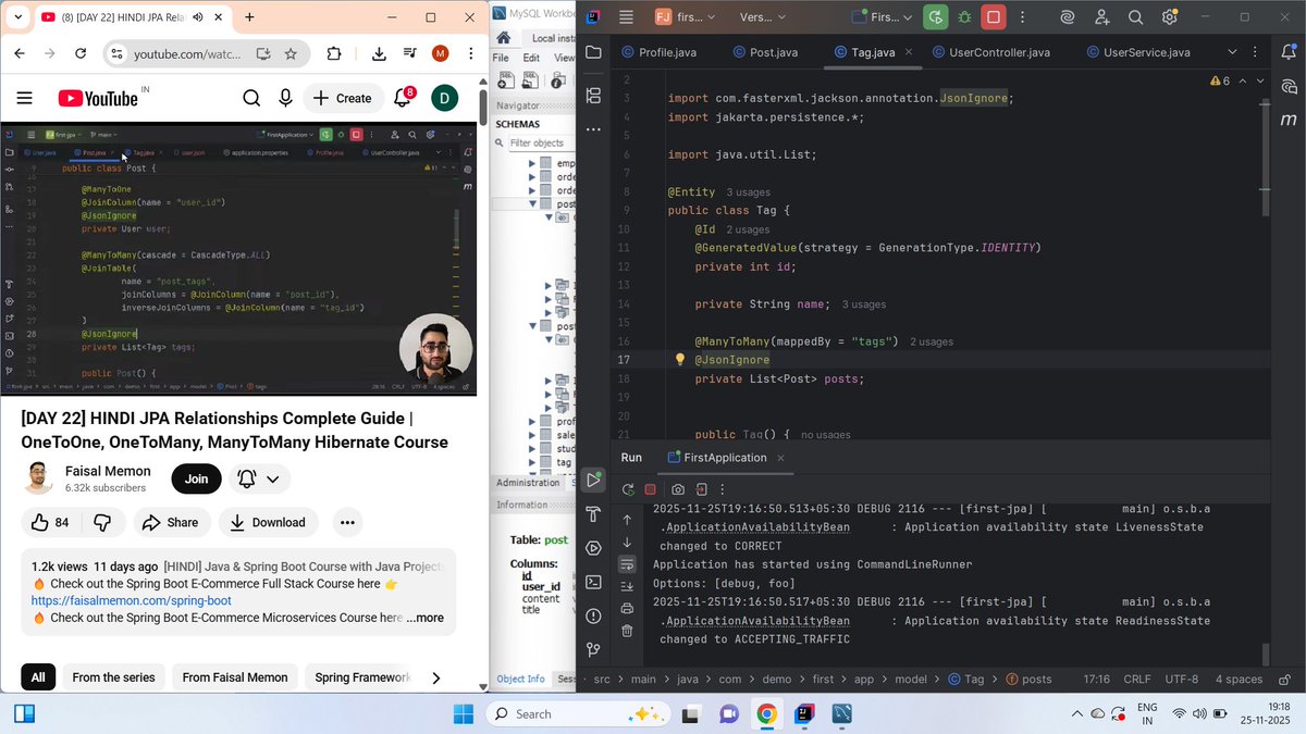 MaheswarRa18054's tweet image. ✅ Day 22 of #100DaysOfJavaBackend with @iamfaism completed!
Covered DB relationships, OneToOne, OneToMany, ManyToMany, @JoinColumn, cascade types, fetch types &amp;amp; mappedBy.
ORM mapping now feels much easier! 🔥
#100DaysOfJavaBackend #Hibernate #JPA #BackendDevelopment
