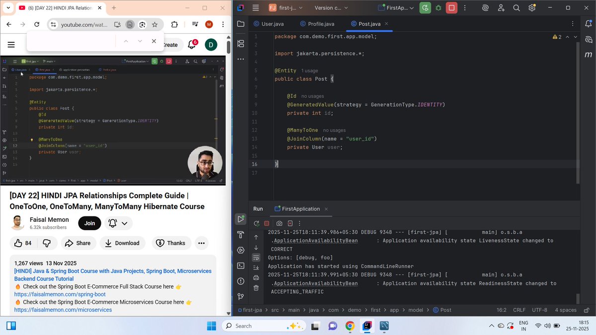 MaheswarRa18054's tweet image. ✅ Day 22 of #100DaysOfJavaBackend with @iamfaism completed!
Covered DB relationships, OneToOne, OneToMany, ManyToMany, @JoinColumn, cascade types, fetch types &amp;amp; mappedBy.
ORM mapping now feels much easier! 🔥
#100DaysOfJavaBackend #Hibernate #JPA #BackendDevelopment