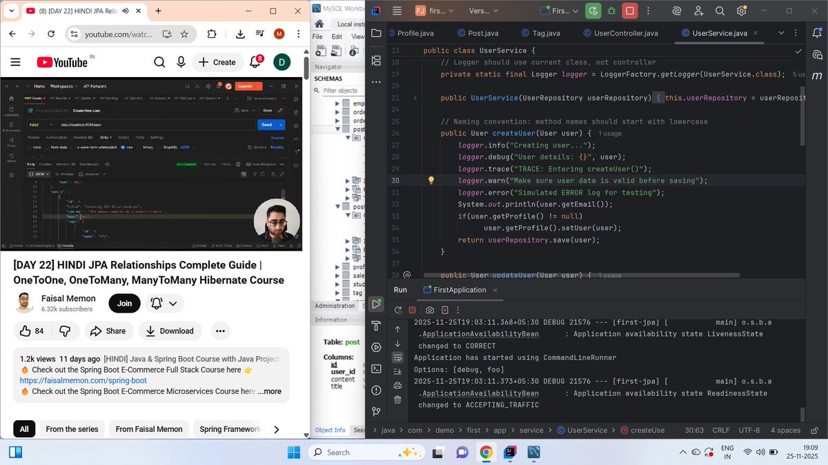 MaheswarRa18054's tweet image. ✅ Day 22 of #100DaysOfJavaBackend with @iamfaism completed!
Covered DB relationships, OneToOne, OneToMany, ManyToMany, @JoinColumn, cascade types, fetch types &amp;amp; mappedBy.
ORM mapping now feels much easier! 🔥
#100DaysOfJavaBackend #Hibernate #JPA #BackendDevelopment