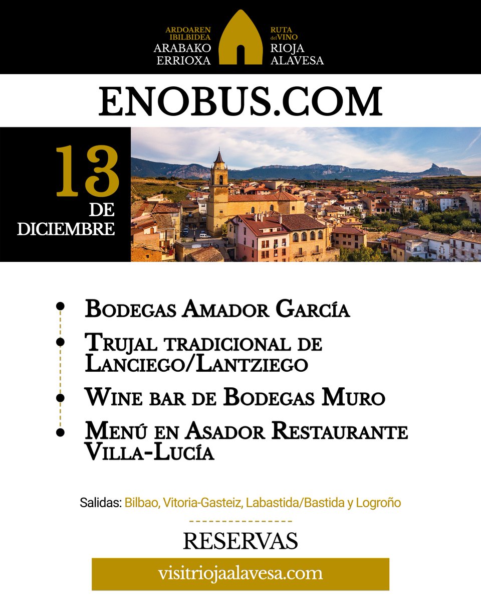 ¿Te apetece una escapada diferente antes de despedir el año? 🚌 El #Enobus del 13 de diciembre te lleva a descubrir #RiojaAlavesa de la manera más cómoda, ¡sin preocuparte del coche!

🎟️ Reserva tu plaza en visitriojaalavesa.com/producto/enobu…