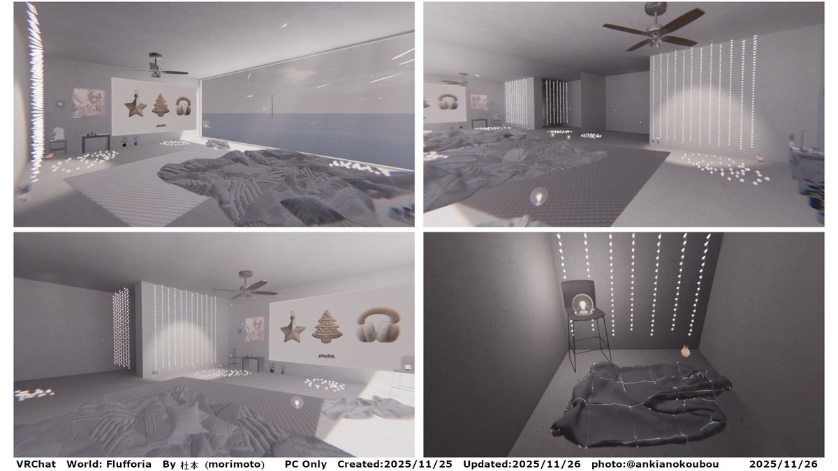 #VRChatワールド紹介 #VRChat_World紹介
vrchat.com/home/world/wrl…

白く明るい雰囲気と落ち着いた感じもあるチル部屋ワールド。

World: Flufforia
By 杜本（morimoto）
PC Only

#VRChat