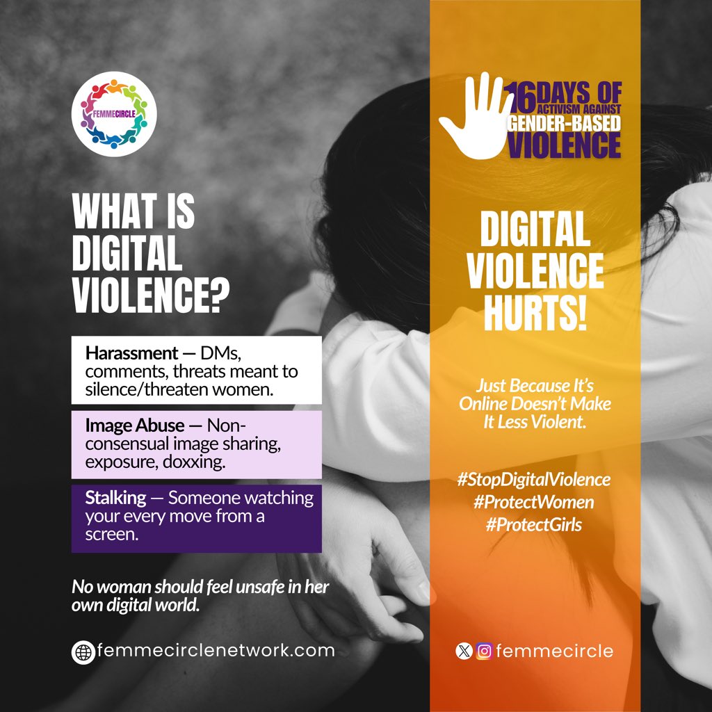 FemmeCircle's tweet photo. Day 2 of 16 Days of Activism

Digital violence is real. Harassment, image abuse and stalking all cause real harm.
Online does not mean harmless. No woman should feel unsafe in her digital space.

#16DaysOfActivism #StopDigitalViolence #ProtectWomen #ProtectGirls #Femmeinspire2025 https://t.co/nNI7xePnGT