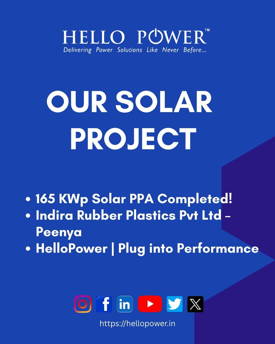 HelloPower2025's tweet image. 165 KWp Solar PPA Project ✔️
Zero Investment. Massive Savings.
Indira Rubber Plastics Pvt Ltd, Peenya — now powered by the sun ☀️⚡

Industrial solar is the future.
Your factory could be next! 💼🔆
DM us for a free assessment.

#solar #renewable #energy