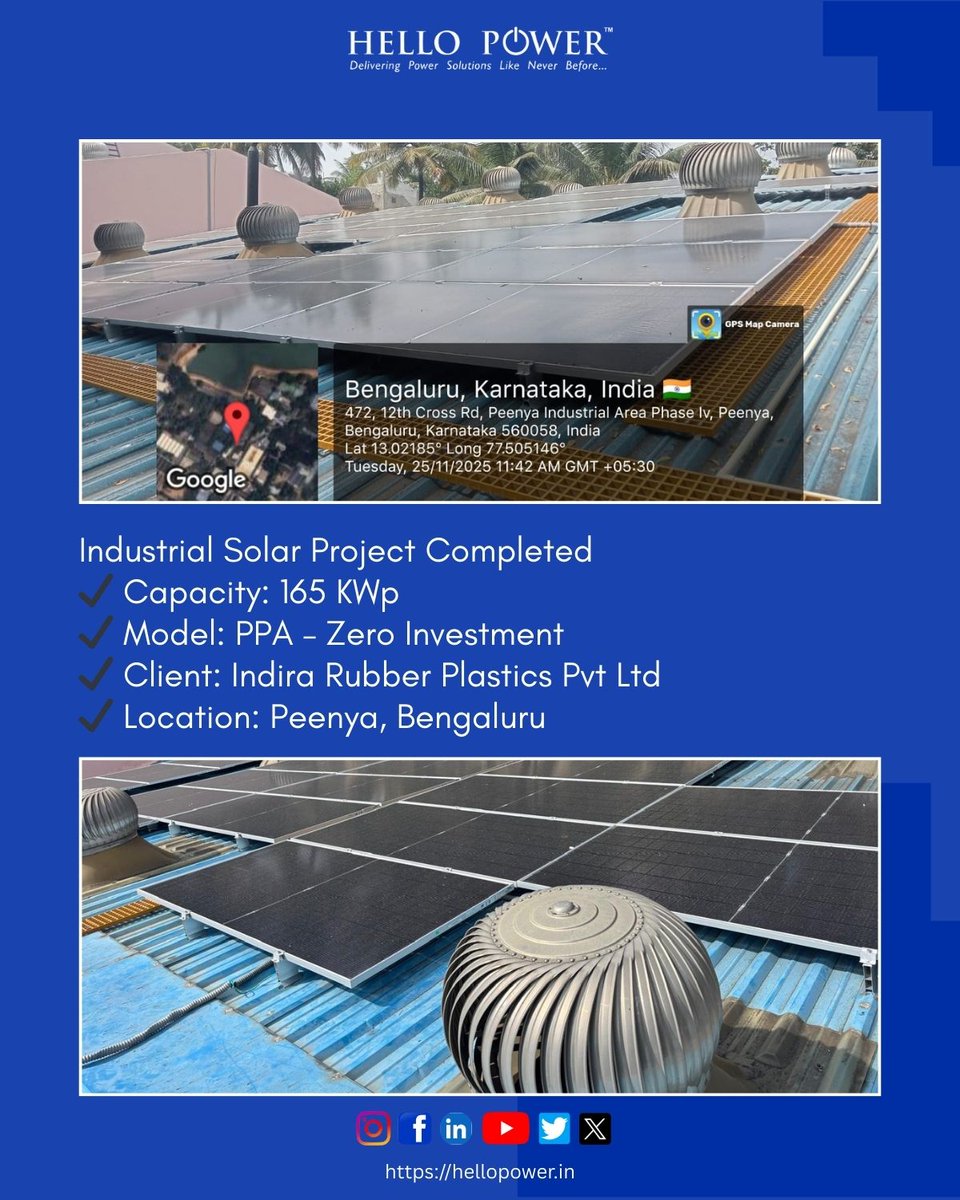 HelloPower2025's tweet image. 165 KWp Solar PPA Project ✔️
Zero Investment. Massive Savings.
Indira Rubber Plastics Pvt Ltd, Peenya — now powered by the sun ☀️⚡

Industrial solar is the future.
Your factory could be next! 💼🔆
DM us for a free assessment.

#solar #renewable #energy