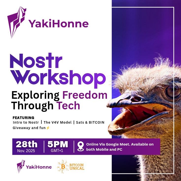 YakiHonne's tweet photo. Join us this 28th November 2025 at 5PM GMT+1 for the YakiHonne Nostr Workshop — a dynamic online session designed to help you explore freedom through technology. 🚀
In collaboration with @BTCunicalclub , this workshop will introduce participants to Nostr, the V4V (Value-for-Value) Model, and the world of Sats & Bitcoin.

Expect learning, open discussions, and a fun giveaway! ⚡
The session will take place online via Google Meet, accessible on both mobile and PC.

https://t.co/4AS9zw7Dbb

Download link : https://t.co/3BEakjqjm1
#Nostr #Bitcoin #IOS #Android