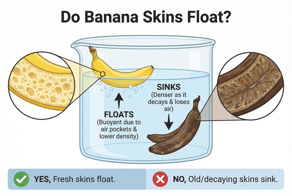 NanoBanana's tweet image. Prompt: &quot;In a graphic answer: Do banana skins float?&quot;