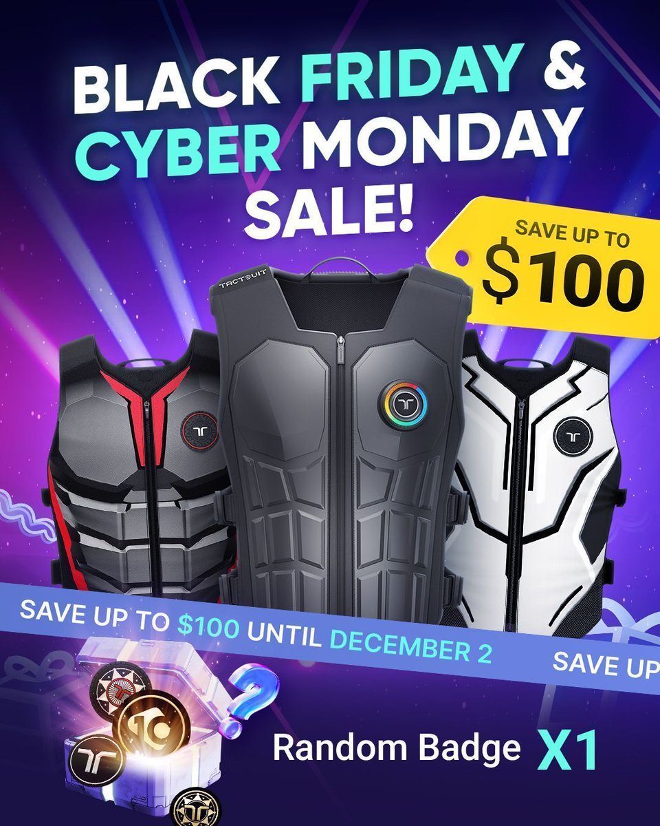 Black Friday &amp; Cyber Monday deals are here! 🛍️ 🤩 
Save up to $100 on every order that includes a TactSuit Pro or TactSuit Air.

😍 Plus! Each eligible order will receive a legacy logo badge from our archives!  

📆⌛ Save big until December 2, 23:59 EST 
🛒