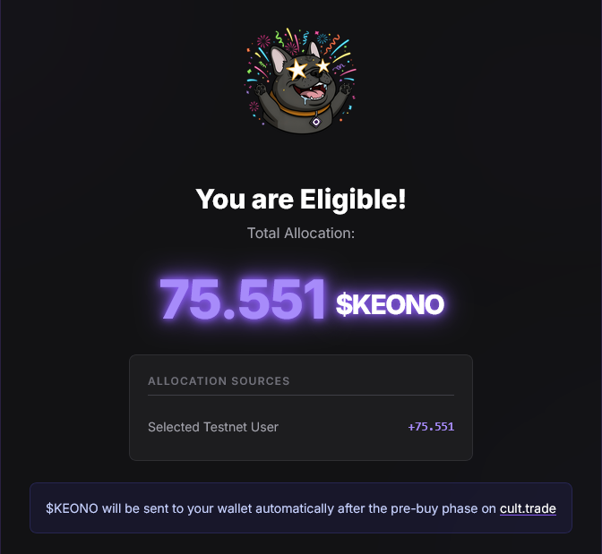 I just checked my $KEONO eligibility! 💜

I am eligible for the airdrop! 🚀

Check yours at keono.xyz

<a href="/OfficialKeono/">Keono</a> #Monad #Keono