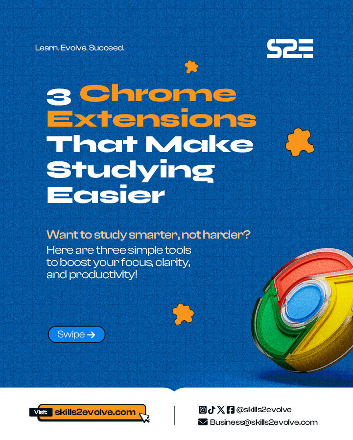 Skills2Evolve's tweet image. Tired of opening “just one more tab” and losing track of time? 😅

Here are 3 Chrome extensions that make studying a lot easier. From staying focused to organizing your notes like a pro.