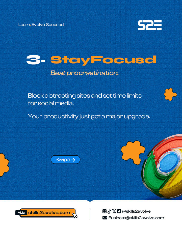 Skills2Evolve's tweet image. What’s your favorite productivity extension? 👇🏾

#TechTips #StudySmarter #StudentLife #ChromeExtensions #DigitalLearning #LearnWithS2E #TechTools #EdTech