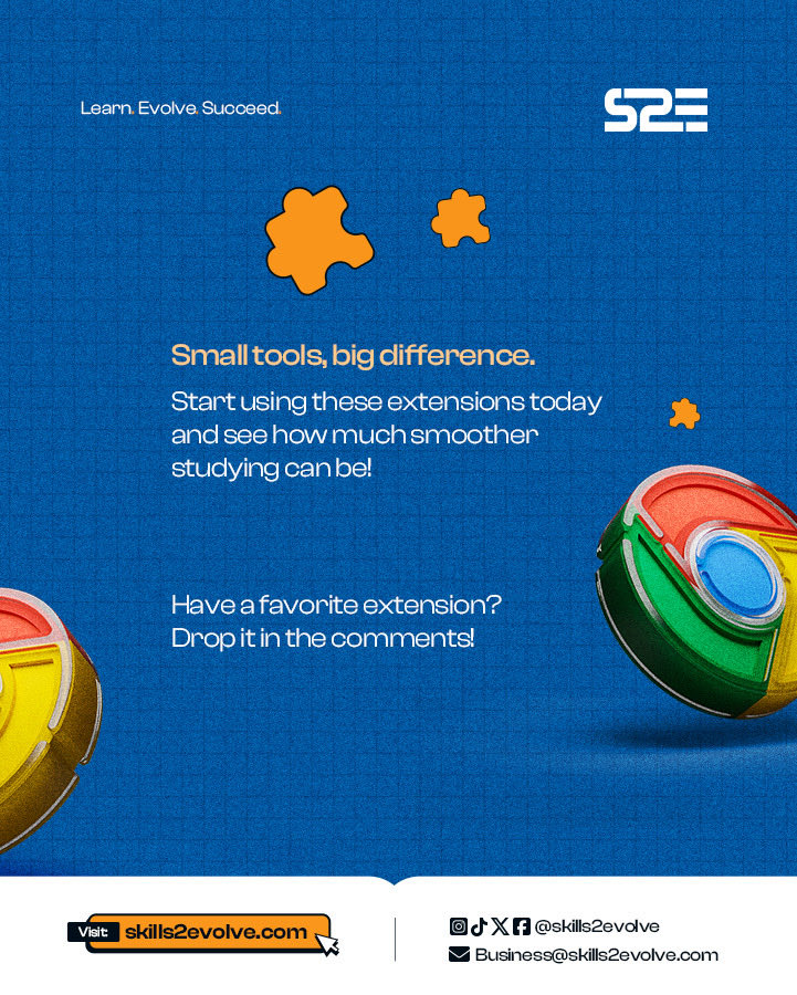 Skills2Evolve's tweet image. What’s your favorite productivity extension? 👇🏾

#TechTips #StudySmarter #StudentLife #ChromeExtensions #DigitalLearning #LearnWithS2E #TechTools #EdTech