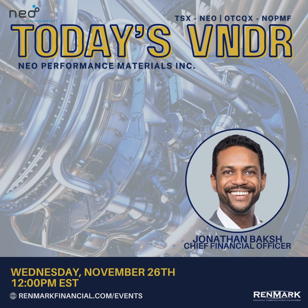 Driving innovation from EVs to clean energy ⚙️

Join <a href="/neo_materials/">Neo Materials</a> (TSX: NEO | OTCQX: NOPMF) for insights into the advanced materials powering a sustainable future.

📅 Nov 26 | 🕛 12PM EST
🔗 ow.ly/RKp950XqaXu

#AdvancedMaterials #Magnets  #RenmarkVNDR