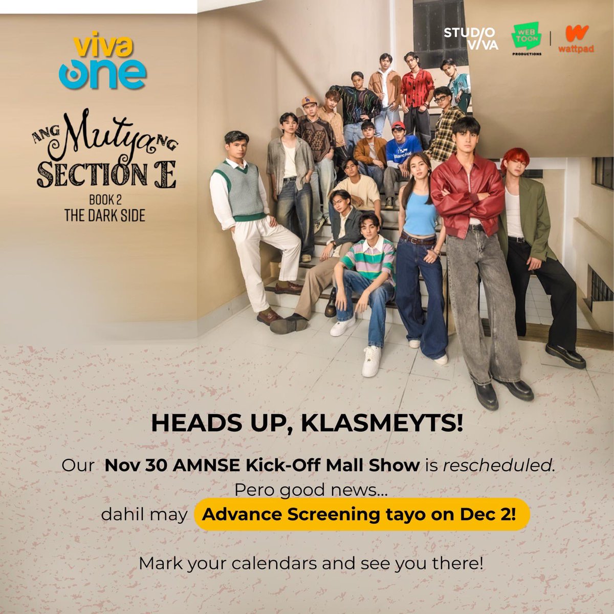 VivaOnePH's tweet photo. ATTENTION, KLASMEYTS‼️

'Ang Mutya ng Section E' Kick-Off Mall Show is rescheduled.

But wait, dahil may good news kami for you! Maghanda na sa Advance Screening ng Ang Mutya ng Section E: The Dark Side on December 2! SAVE THE DATE na! https://t.co/WY2VNkwyyM