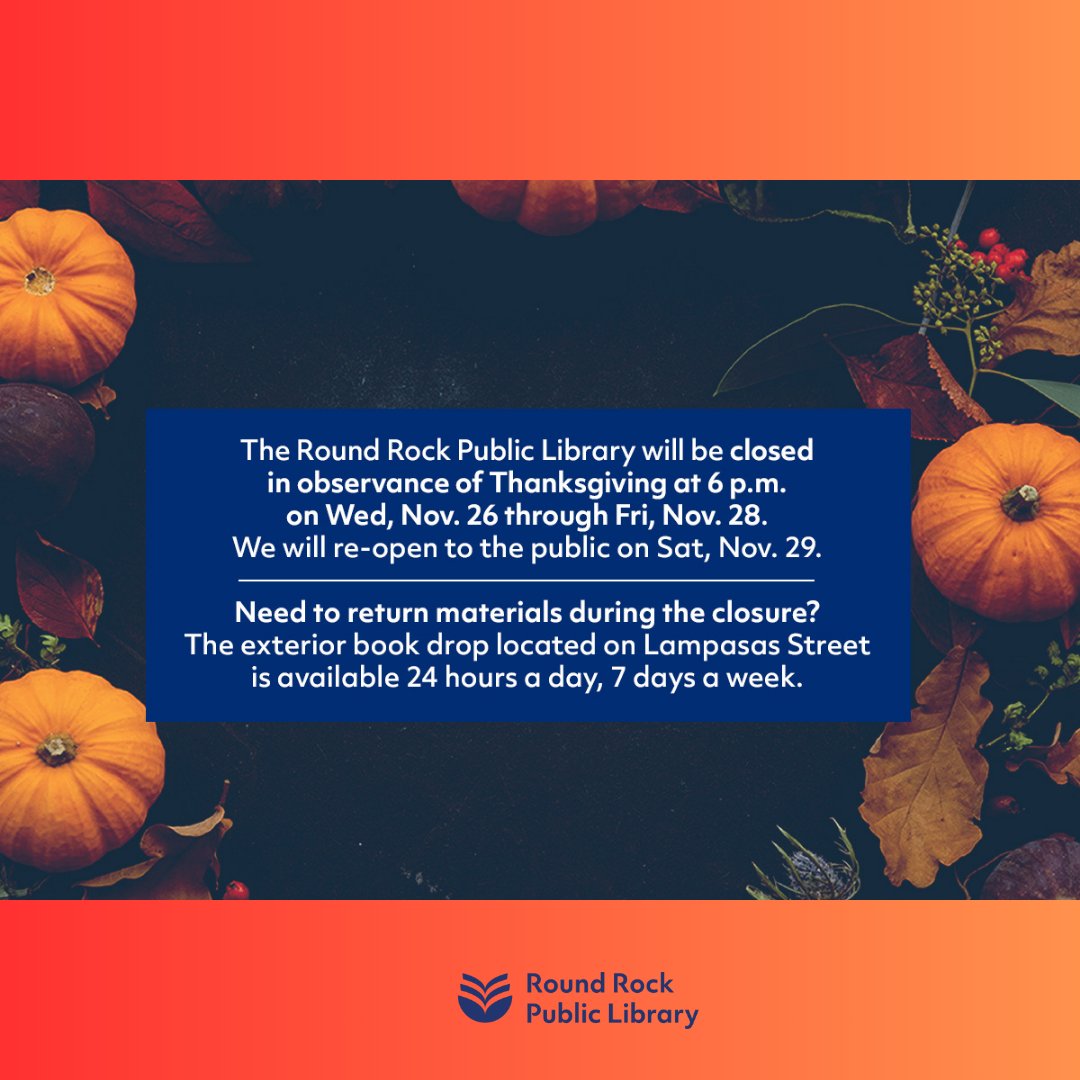 🦃📖 #MYRRPL closes at 6 PM today &amp; for Thanksgiving 11/27–28. Back 9 AM 11/29! 📬 Drop returns in the book drop outside.

🦃📖 #MYRRPL cierra hoy a las 6 PM y por Thanksgiving 27–28 nov. ¡Regresamos 9 AM 29! 📬 Devoluciones en el buzón afuera.