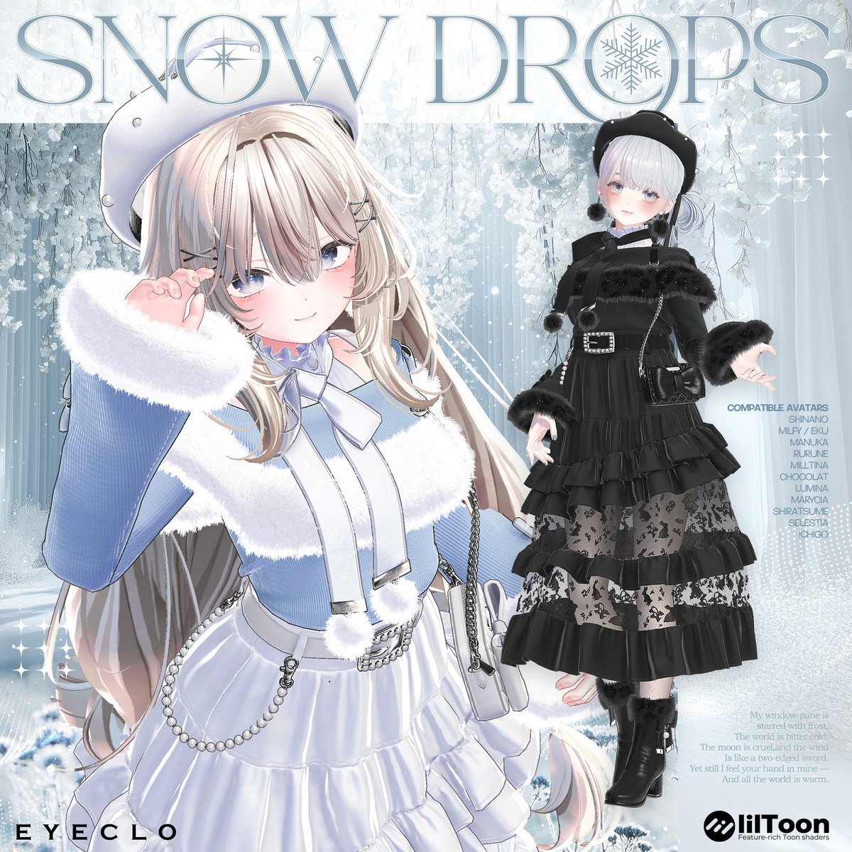 eyeclo_VRC's tweet image. ❄️🎁新衣装プレゼント🎁❄️
EYECLOより冬の新作衣装のお知らせです
SnowDrops【11アバター対応】

RP＆フォローでフルセットを抽選で
3名様にプレゼント

❤️スキ100毎に当選枠＋1名
🕒12/1 15:00締切

◆Boothページ◆
🔗eyeclo.booth.pm/items/7689206
#EYECLO #Booth