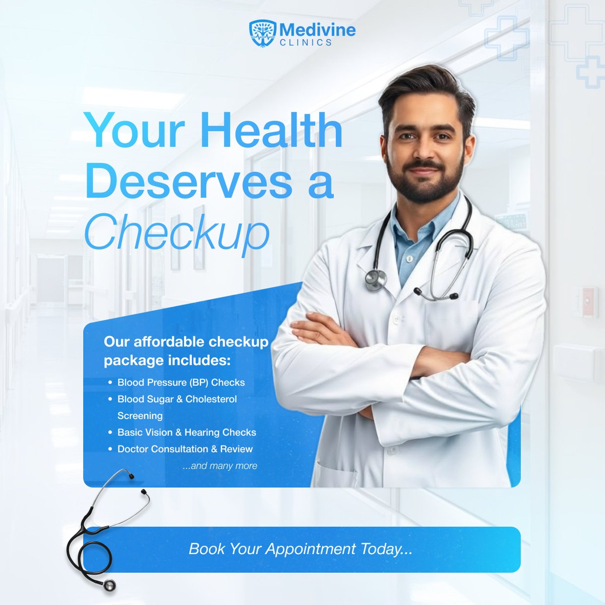 The_Norbert's tweet image. My design tackling the latest brief! 

The goal was clear: show the importance of health through a simple, professional visual for Medivine Clinics’ checkup campaign. ✅

#design #graphicsdesign #designer  #socialmediamarketing #designer